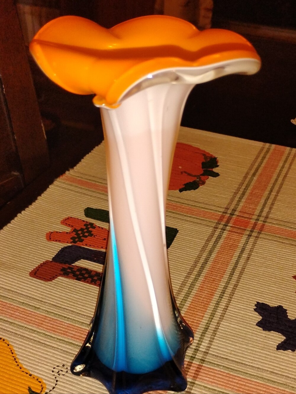 Vtg Murano Style Jack in the Pulpit Orange Blue White Ribbed Art Glass Vase 8”